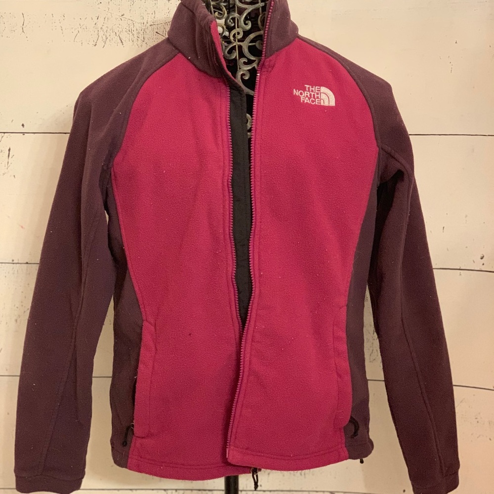 Pink and purple north face jacket